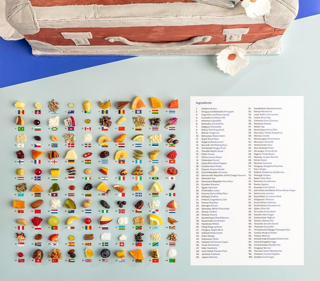 The 100 ingredients used in the cake in a sample display, each ingredient is next to the flag of the country it represents, the sample platter is next to a long list of all the countries and ingredients for reference