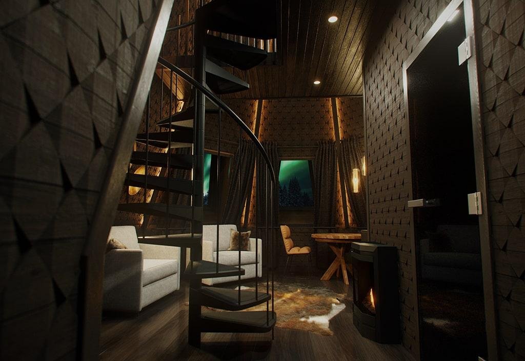 A luxurious interior with dark wood flooring, two white single sofachairs with velvet cushions and a black spiral staircase