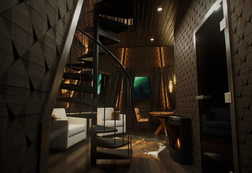 A luxurious interior with dark wood flooring, two white single sofachairs with velvet cushions and a black spiral staircase 